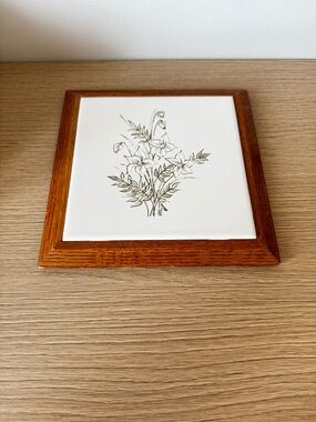 Floral Ceramic Wall Tile with Wood Frame - White & Brown